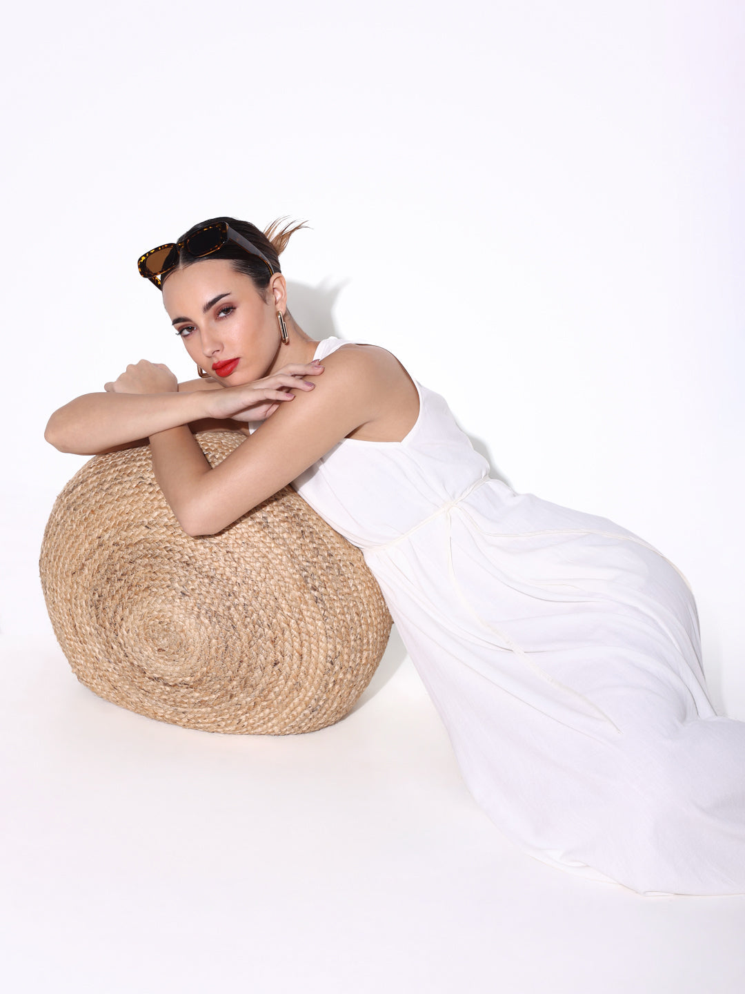 Women's Solid Off White Linen Maxi Dress with Waist Tie