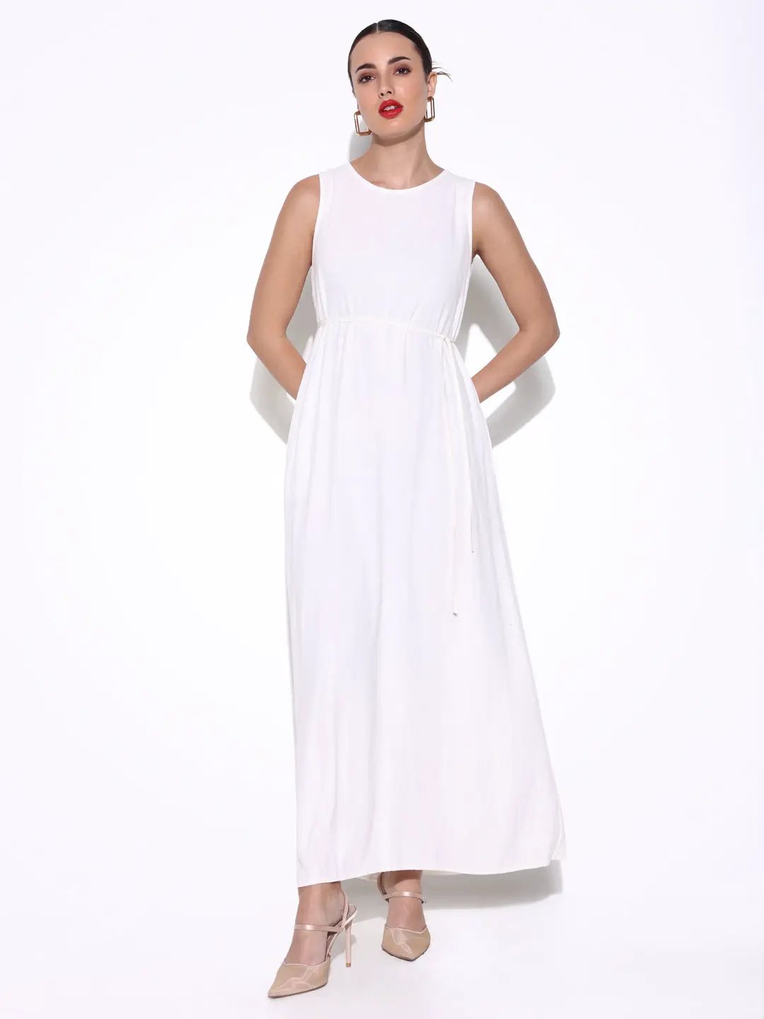 Women's Solid Off White Linen Maxi Dress with Waist Tie