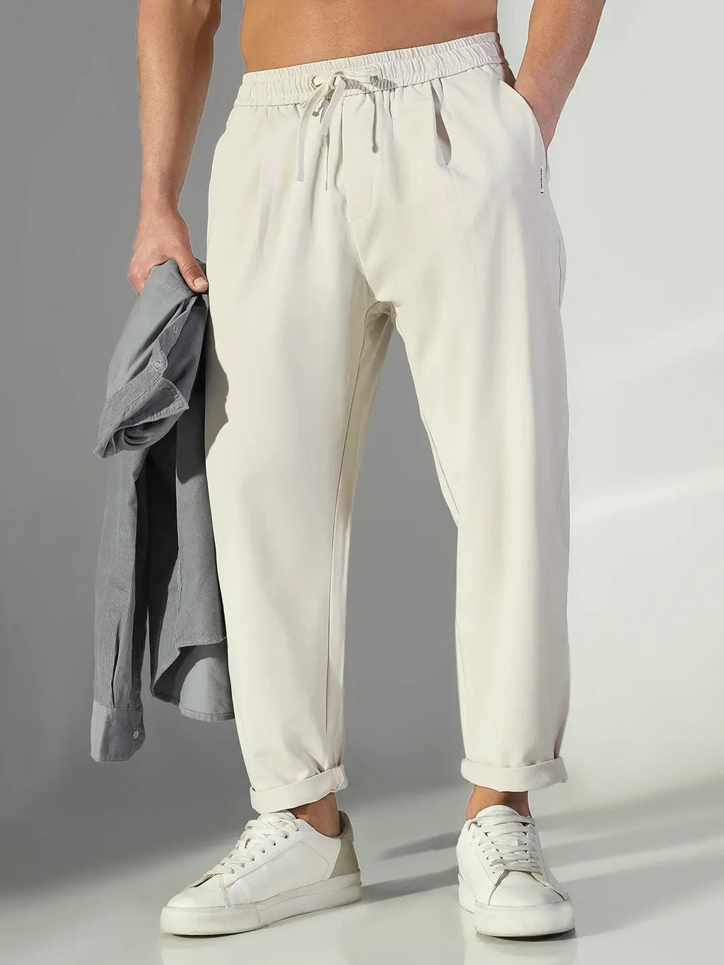 Men's Cream Solid Korean Trousers