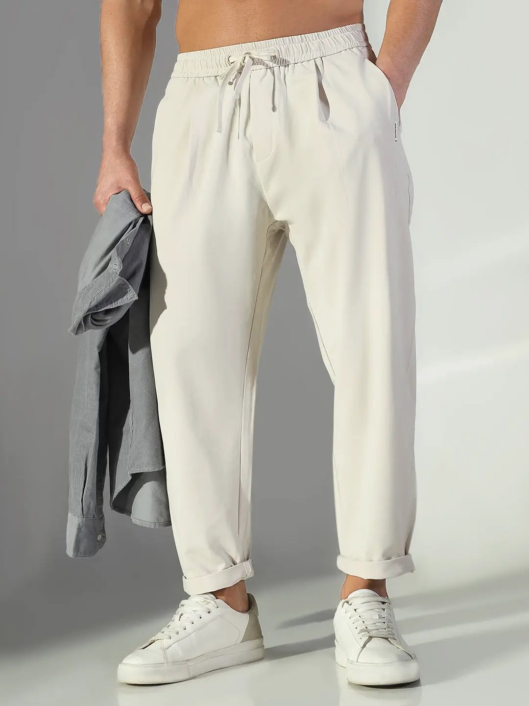 Men's Cream Solid Korean Trousers