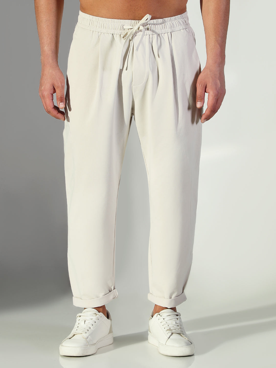 Men's Cream Solid Korean Trousers