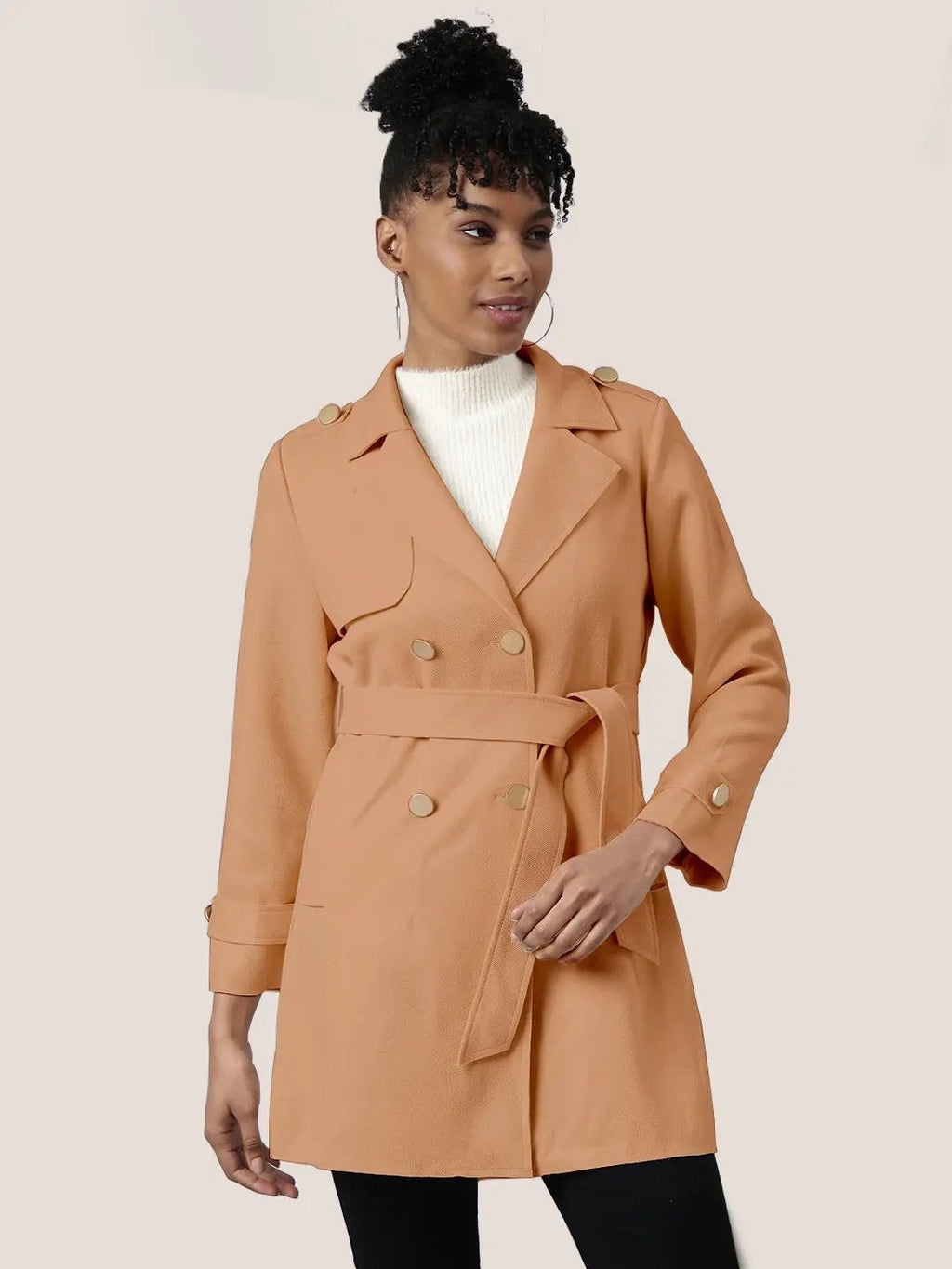 Women's Solid Brown Longline Trench Coat with Belt