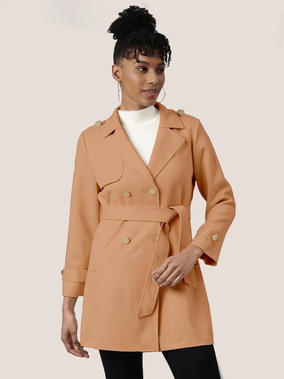 Women's Solid Brown Longline Trench Coat with Belt