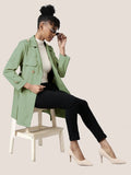 Women's Solid Green Longline Trench Coat with Belt