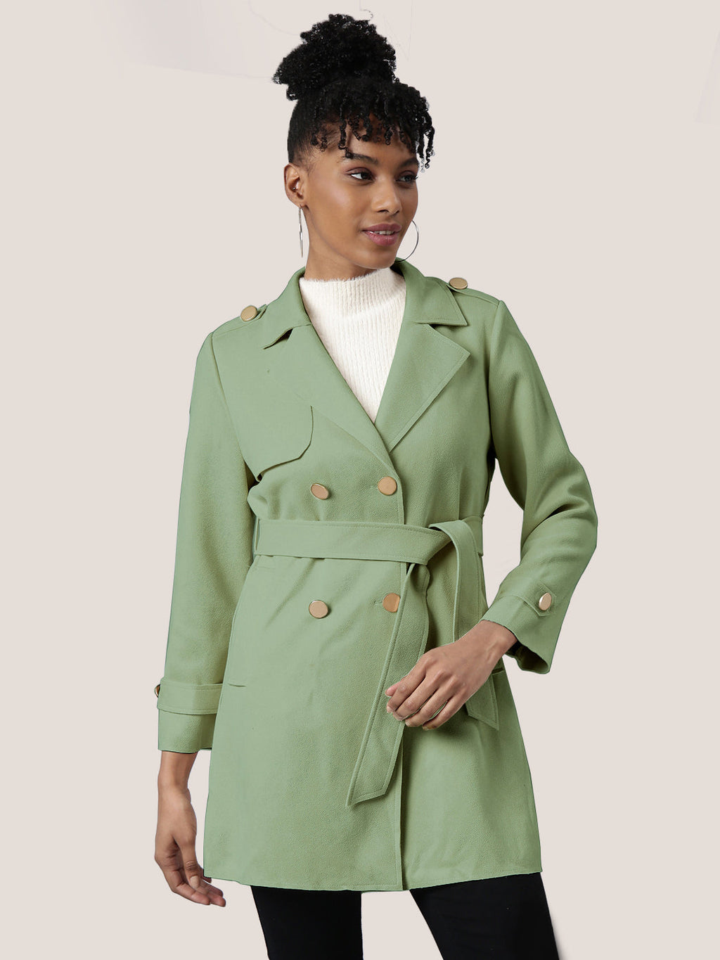 Women's Solid Green Longline Trench Coat with Belt