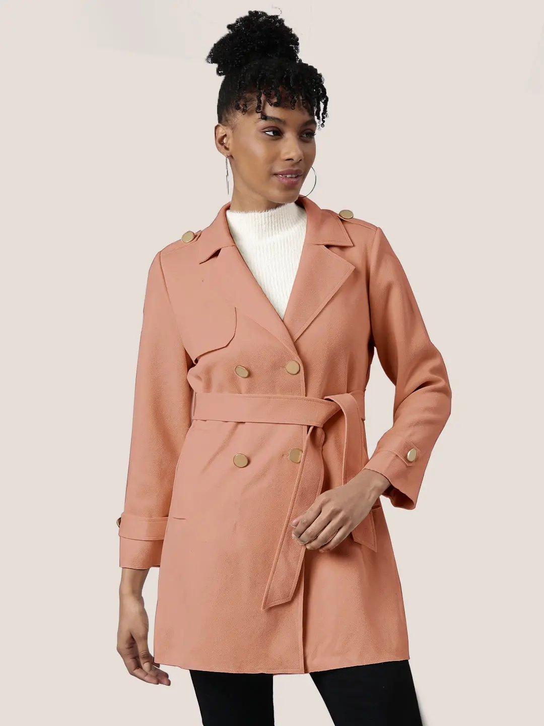Women's Solid Peach Longline Trench Coat with Belt