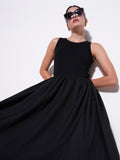 Women's Black Cotton Fit and Flare Midi Dress
