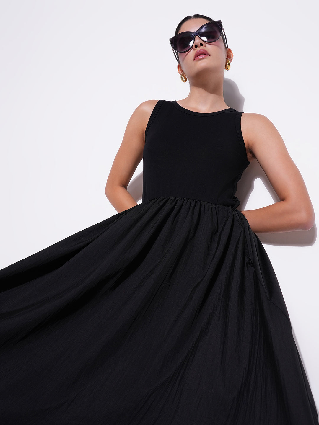 Women's Black Cotton Fit and Flare Midi Dress