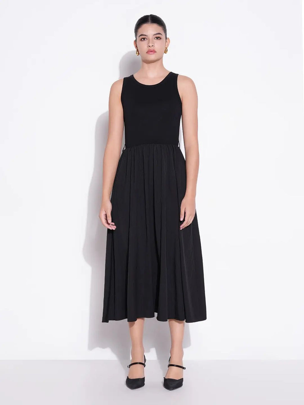 Women's Black Cotton Fit and Flare Midi Dress
