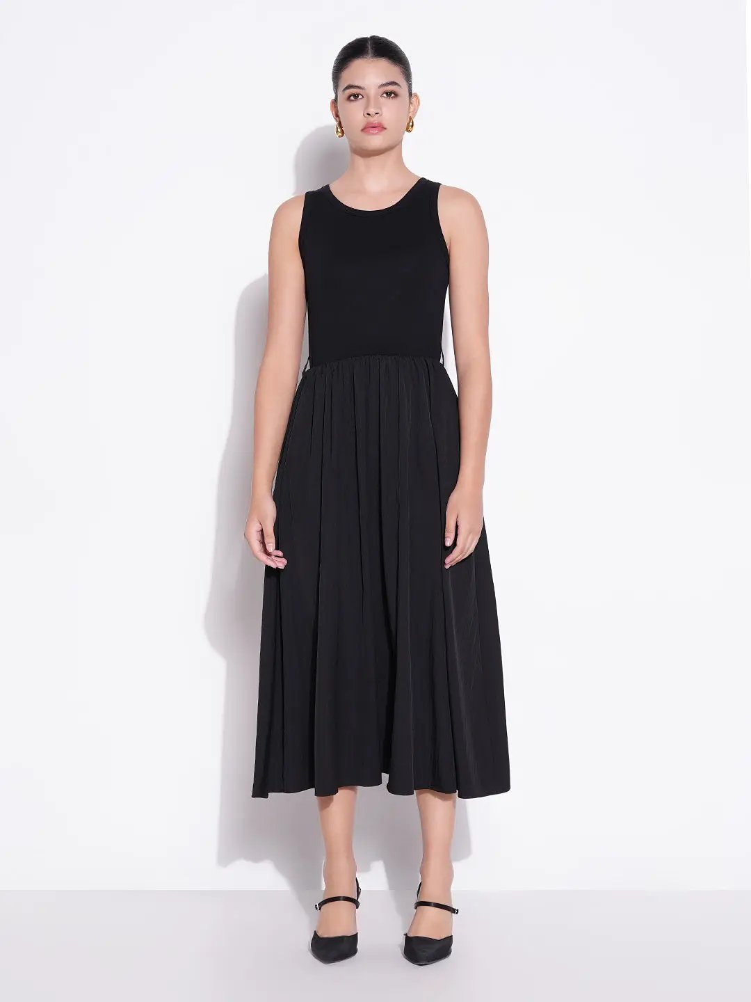 Women's Black Cotton Fit and Flare Midi Dress
