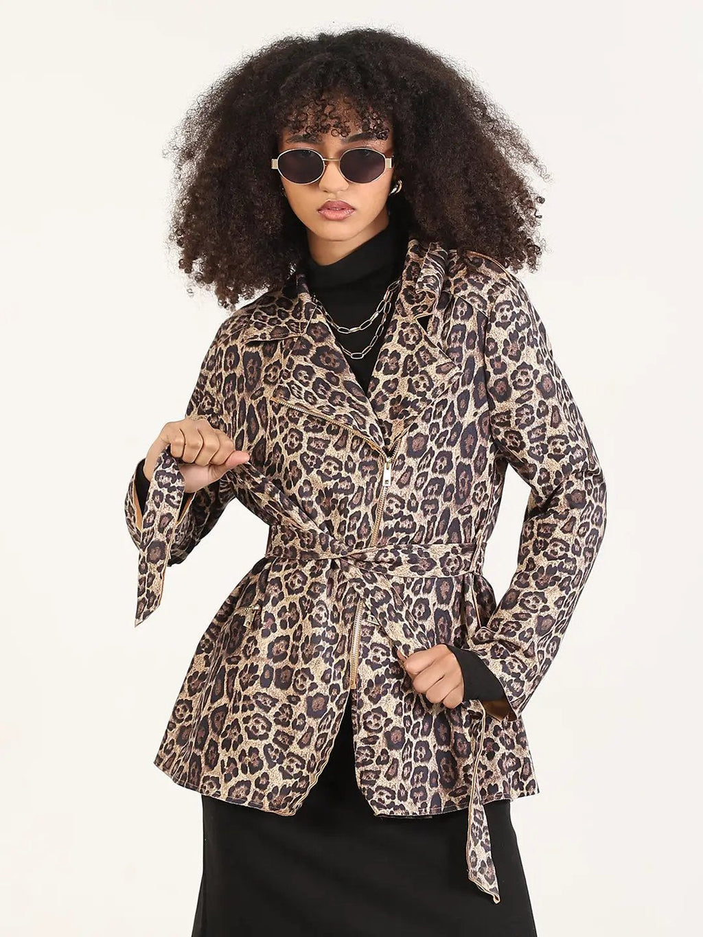 Women's Animal Print Beige Lapel Collar Trench Coat with Fabric Belt And Zipped Cuff