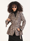 Women's Animal Print Beige Lapel Collar Trench Coat with Fabric Belt And Zipped Cuff