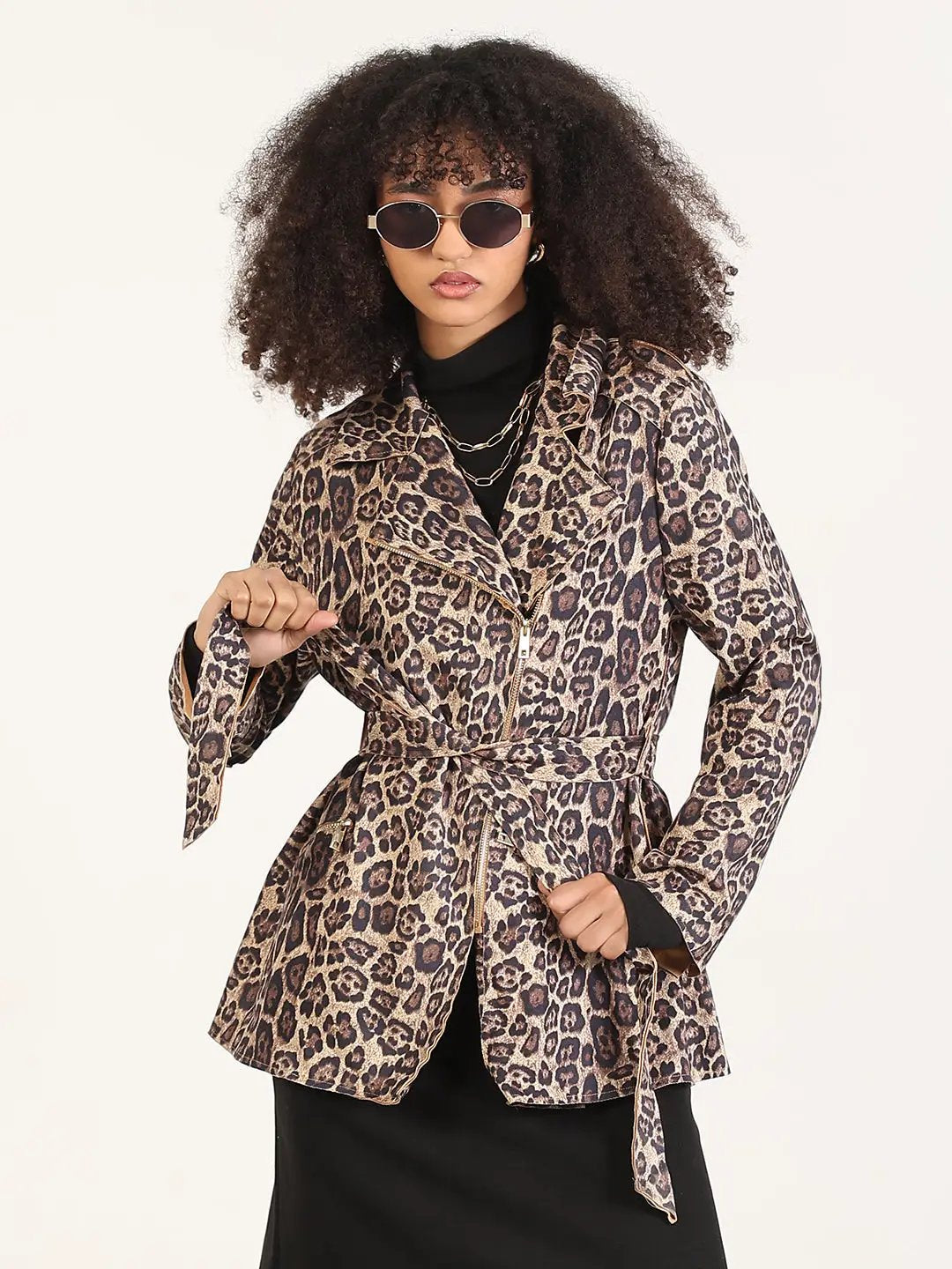 Women's Animal Print Beige Lapel Collar Trench Coat with Fabric Belt And Zipped Cuff