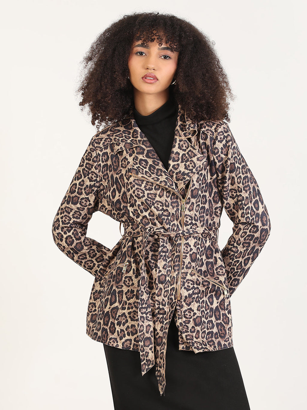 Women's Animal Print Beige Lapel Collar Trench Coat with Fabric Belt And Zipped Cuff