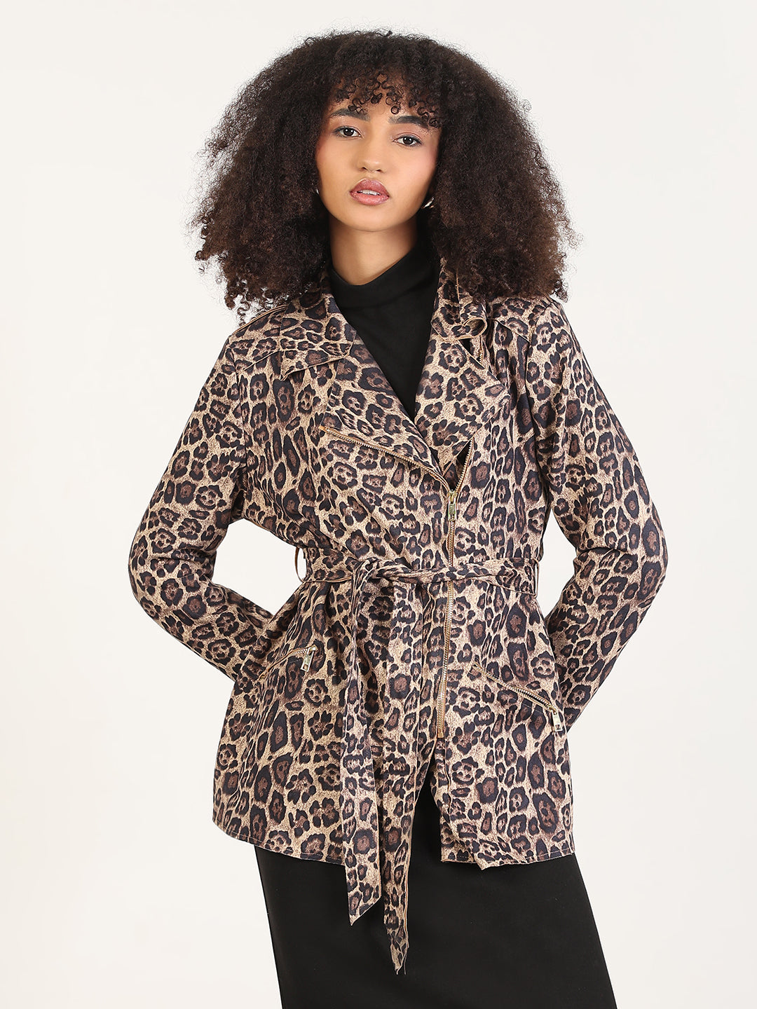 Women's Animal Print Beige Lapel Collar Trench Coat with Fabric Belt And Zipped Cuff