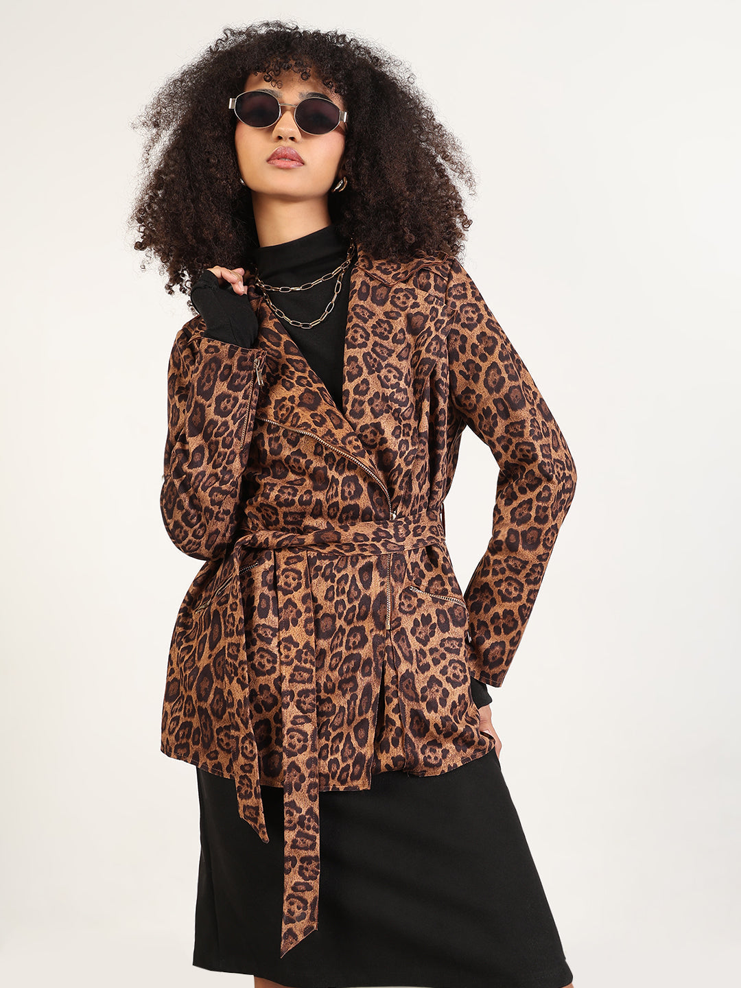 Women's Animal Print Brown Lapel Collar Trench Coat with Fabric Belt And Zipped Cuff