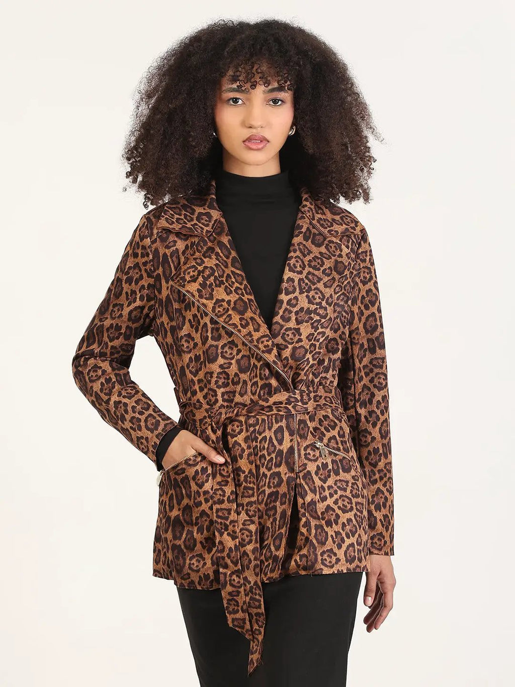 Women's Animal Print Brown Lapel Collar Trench Coat with Fabric Belt And Zipped Cuff