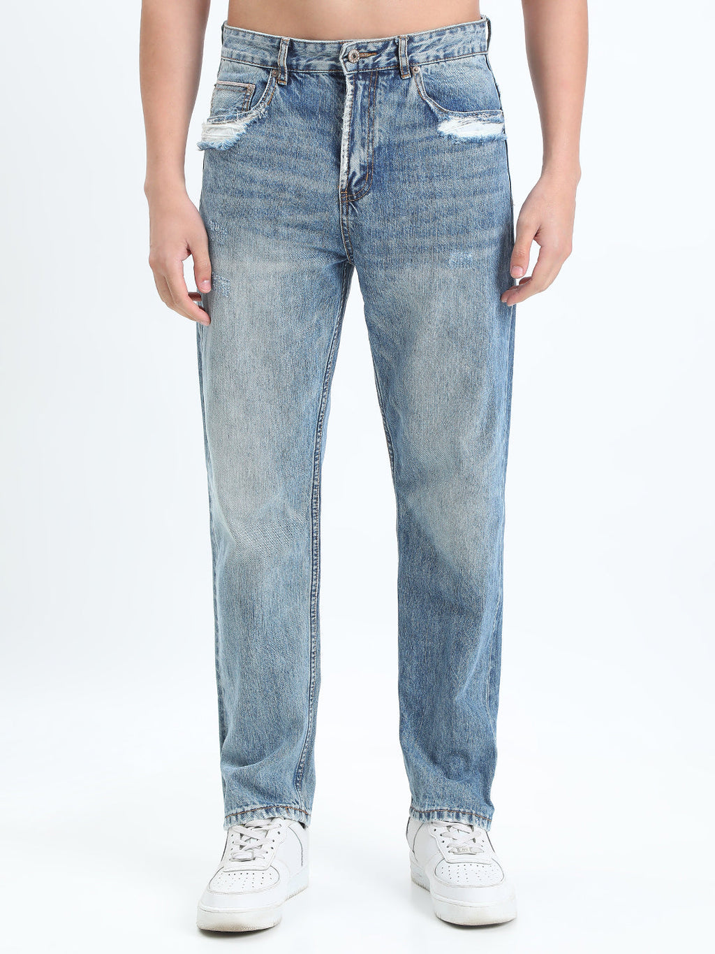 Men's Blue Straight Fit Jeans with Distressed Pocket Details