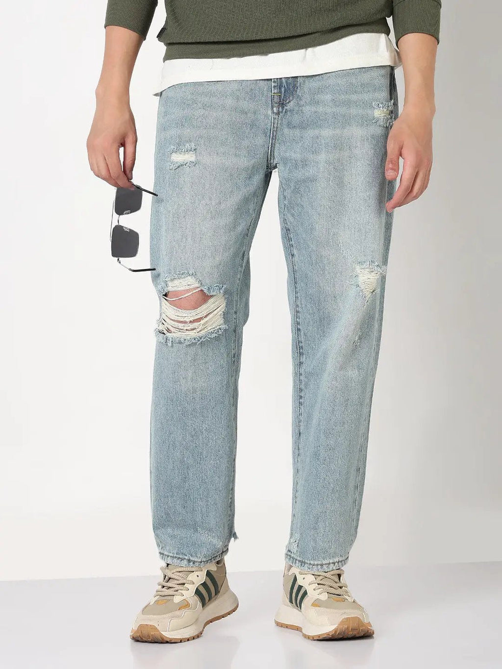 Men's Blue Washed Distressed Straight Fit Jeans