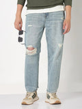 Men's Blue Washed Distressed Straight Fit Jeans