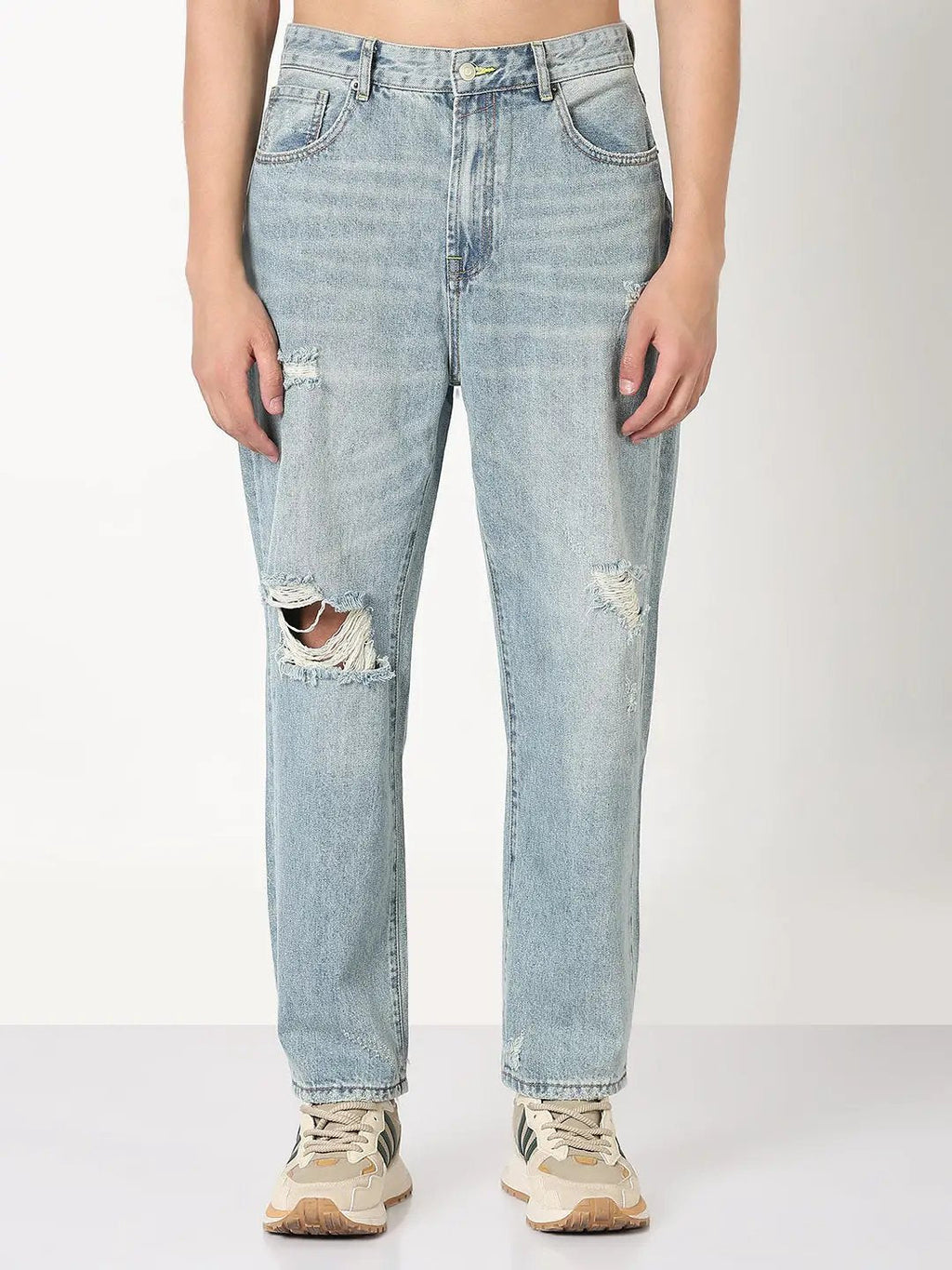 Men's Blue Washed Distressed Straight Fit Jeans