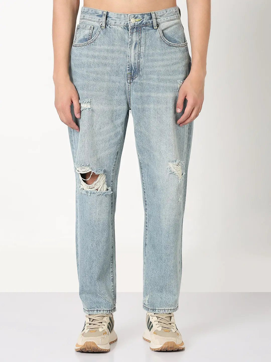 Men's Blue Washed Distressed Straight Fit Jeans