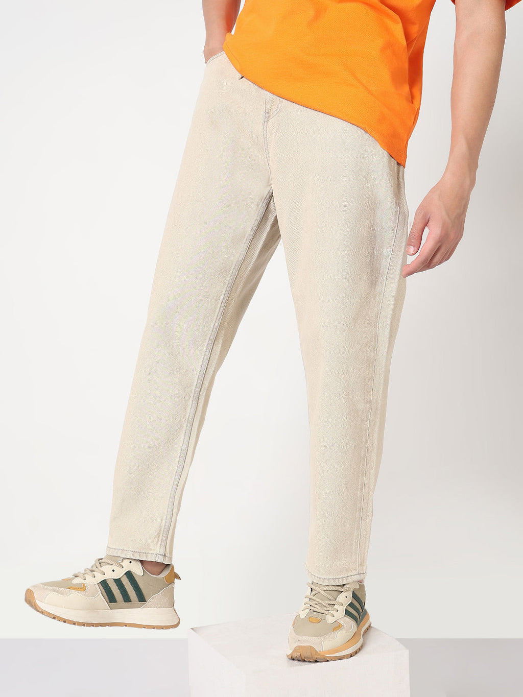Men's Beige Straight Fit Jeans with Drawstrings