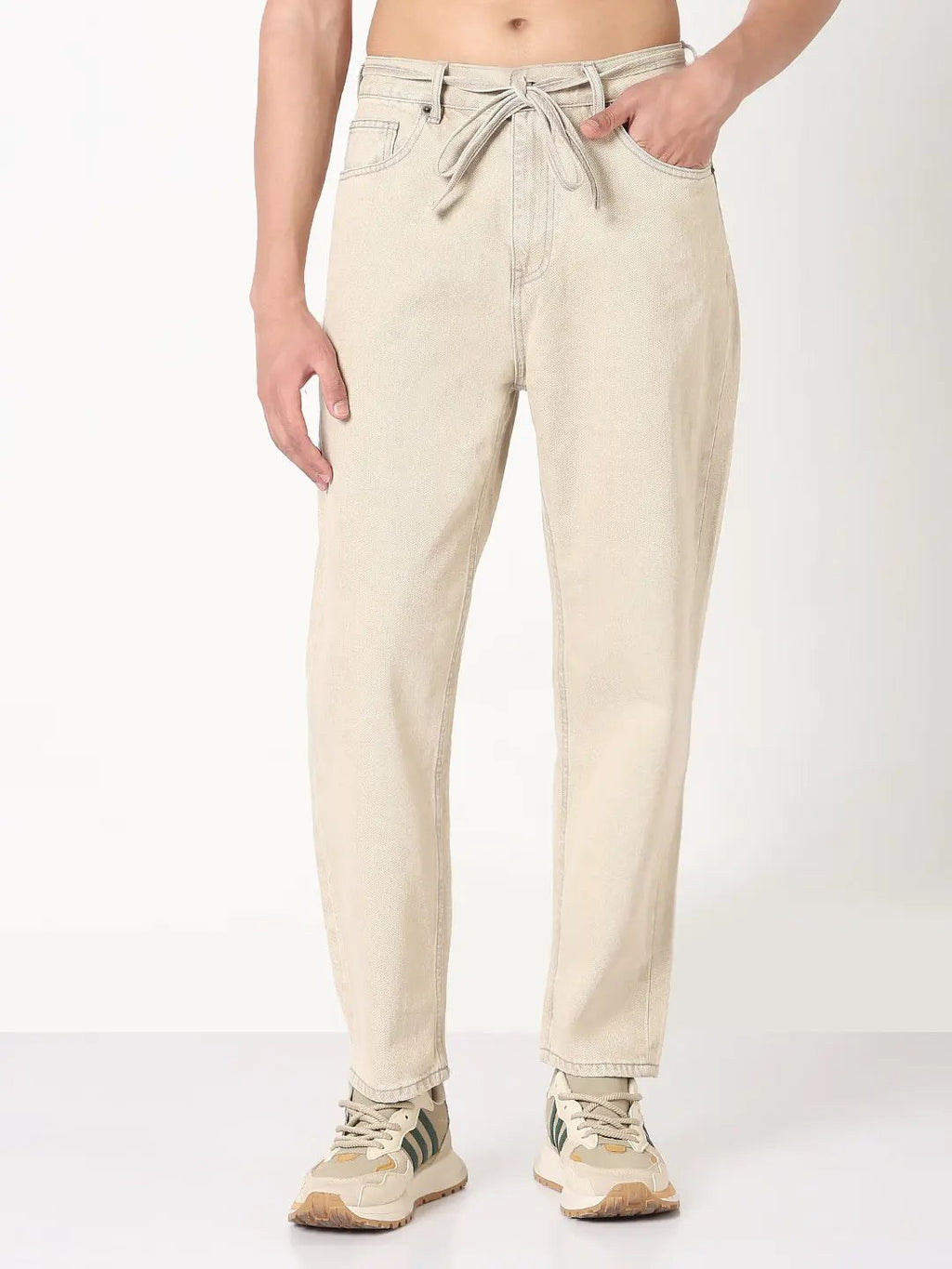 Men's Beige Straight Fit Jeans with Drawstrings