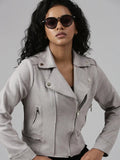 Women's Grey Spread Collar Long Sleeve Zip Detail Crop Tailored Jacket