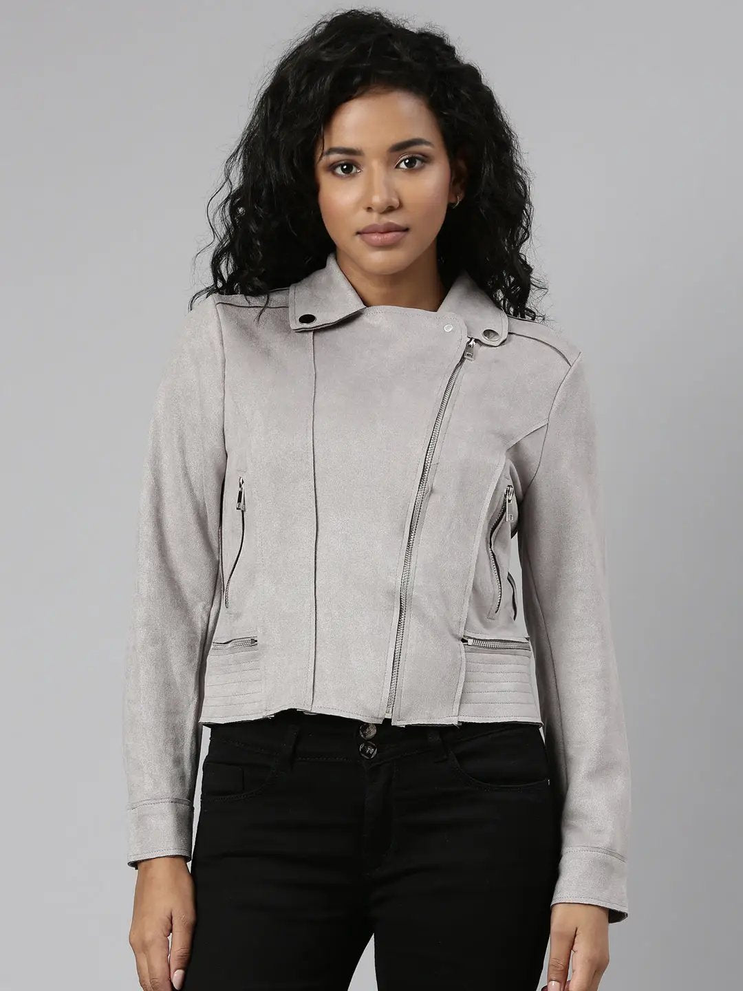 Women's Grey Spread Collar Long Sleeve Zip Detail Crop Tailored Jacket