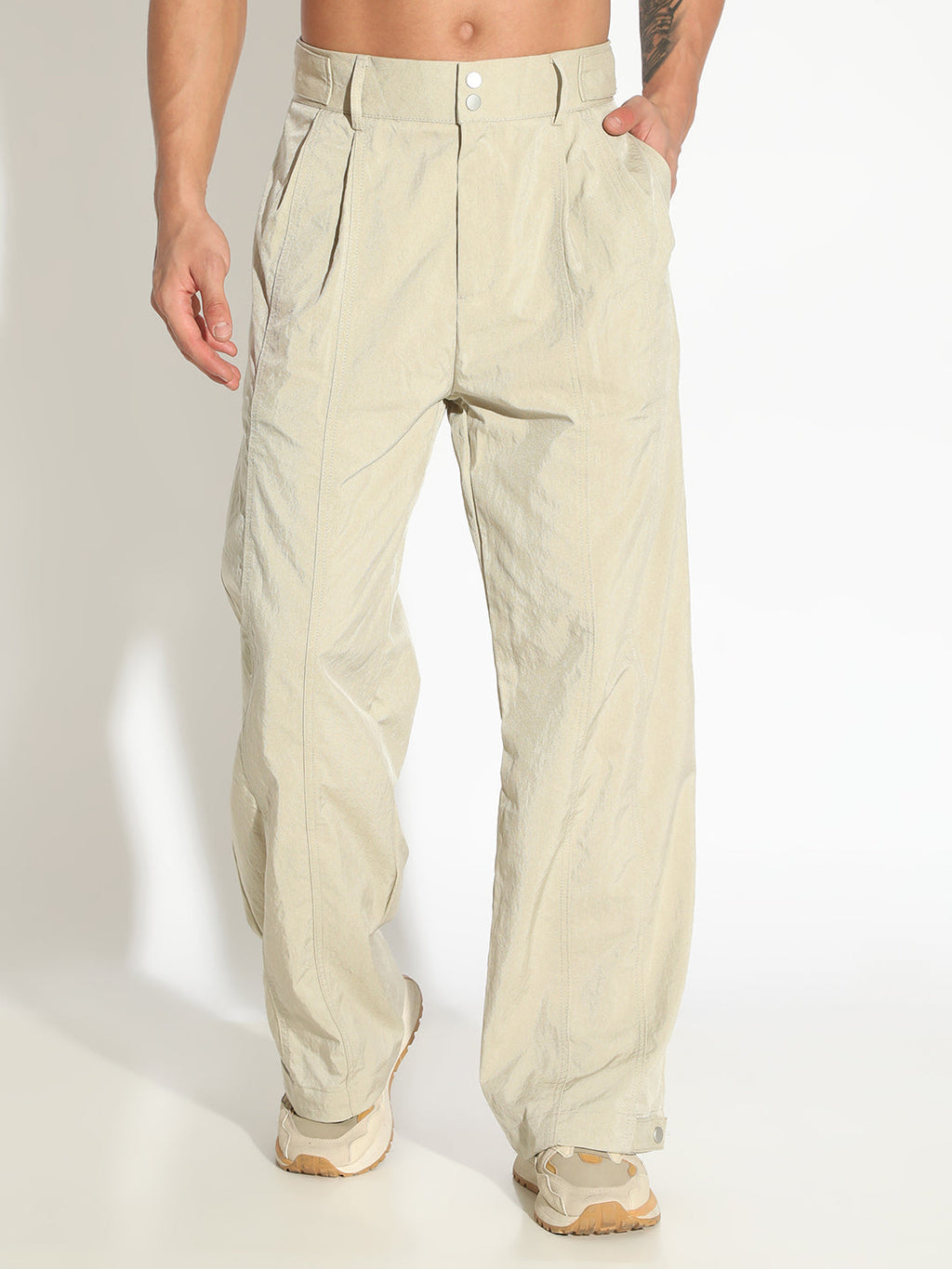Men's Beige Straight Fit Pleated Trousers with Adjustable Waist