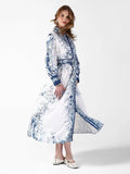 Women's Floral White & Blue Maxi Dress with Mandarin Collar