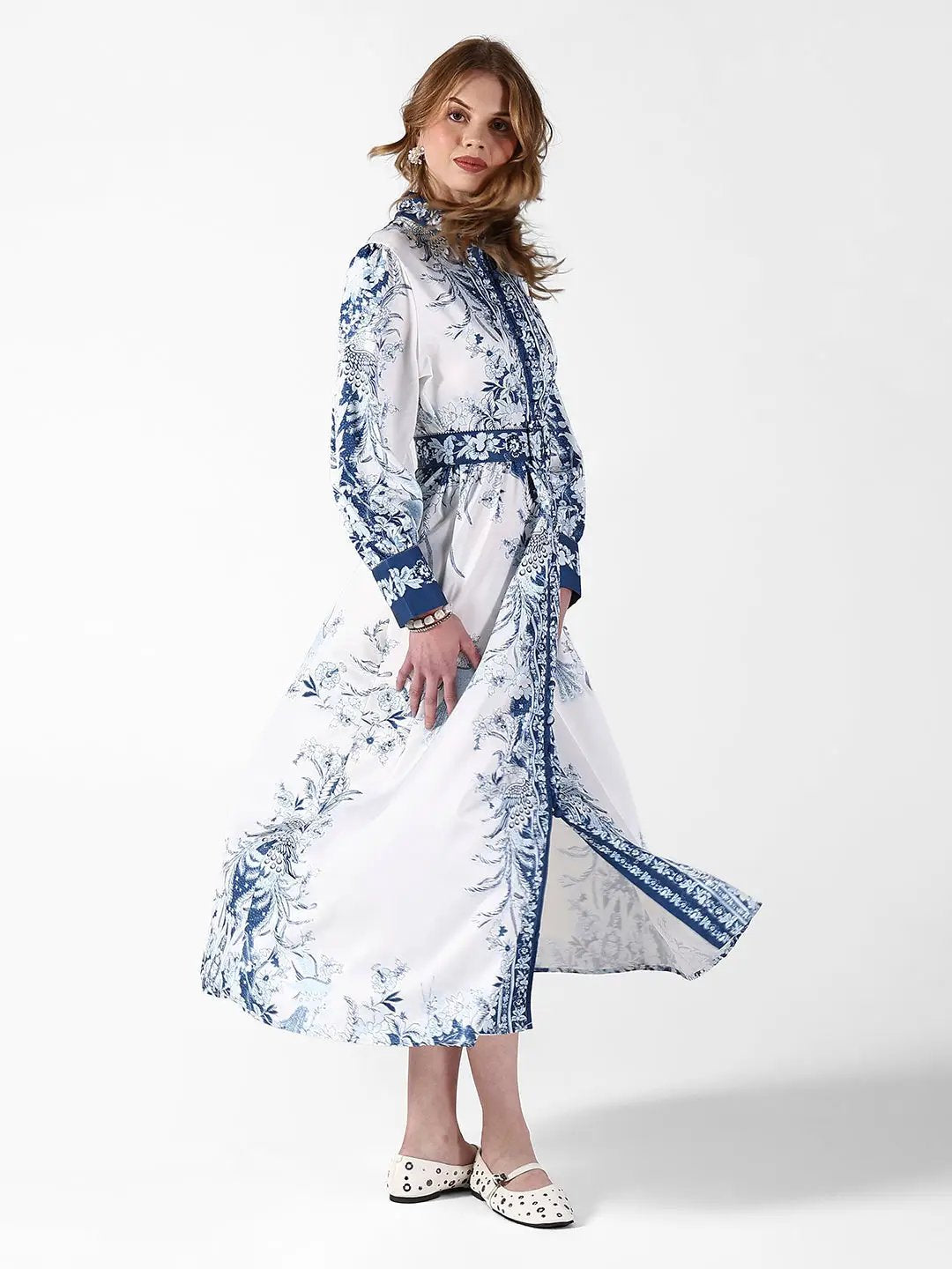 Women's Floral White & Blue Maxi Dress with Mandarin Collar