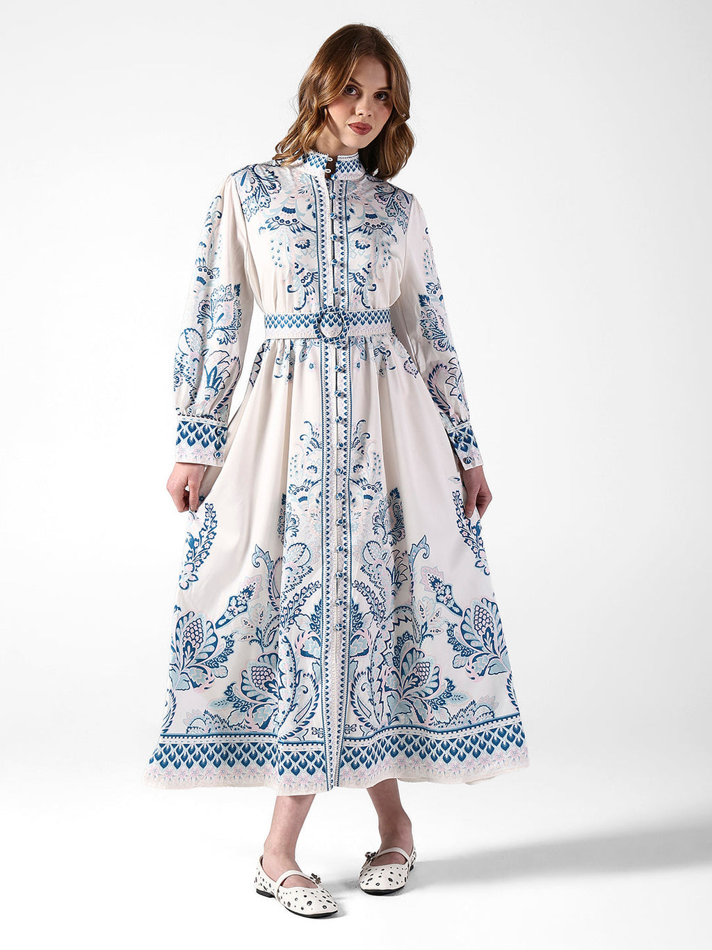 Women's Floral White & Blue Maxi Dress with Belted Waist