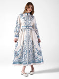 Women's Floral White & Blue Maxi Dress with Belted Waist