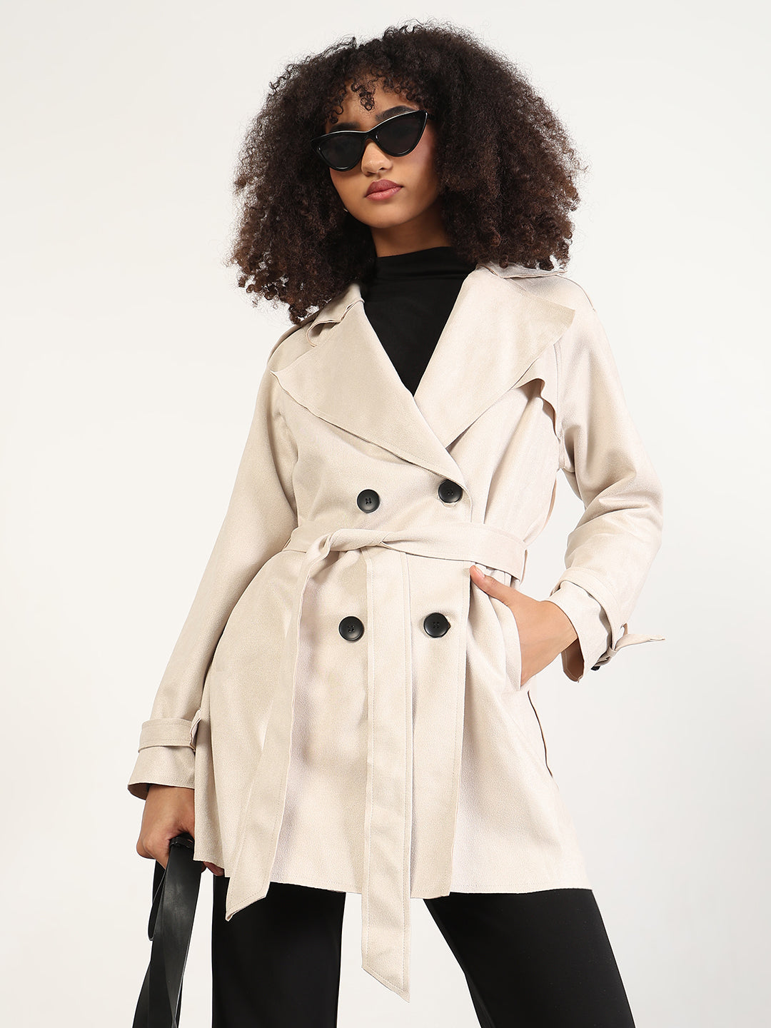 Women's Solid Cream Lapel Collar Longline Trench Coat with Fabric Belt