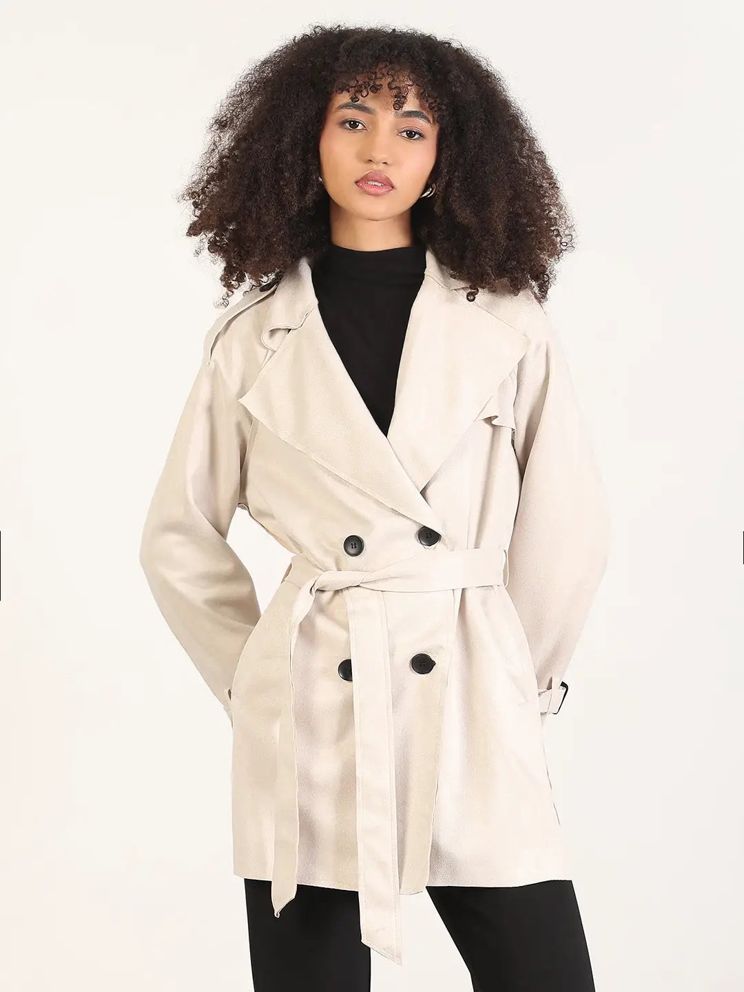 Women's Solid Cream Lapel Collar Longline Trench Coat with Fabric Belt