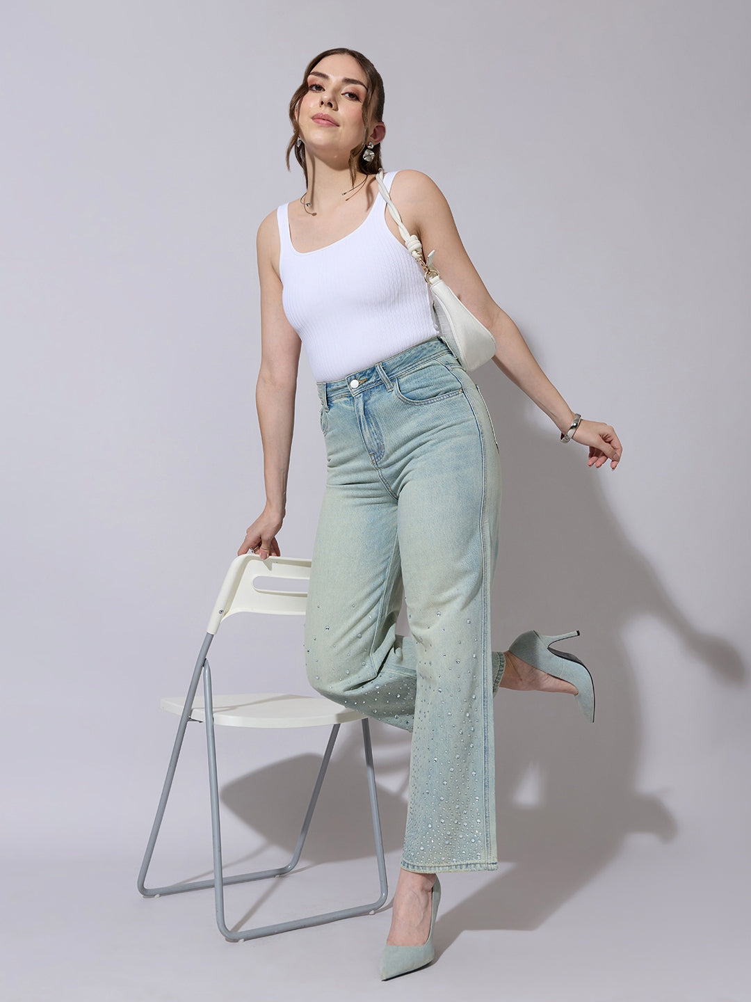 Women's Embellished Blue High Waist Jeans