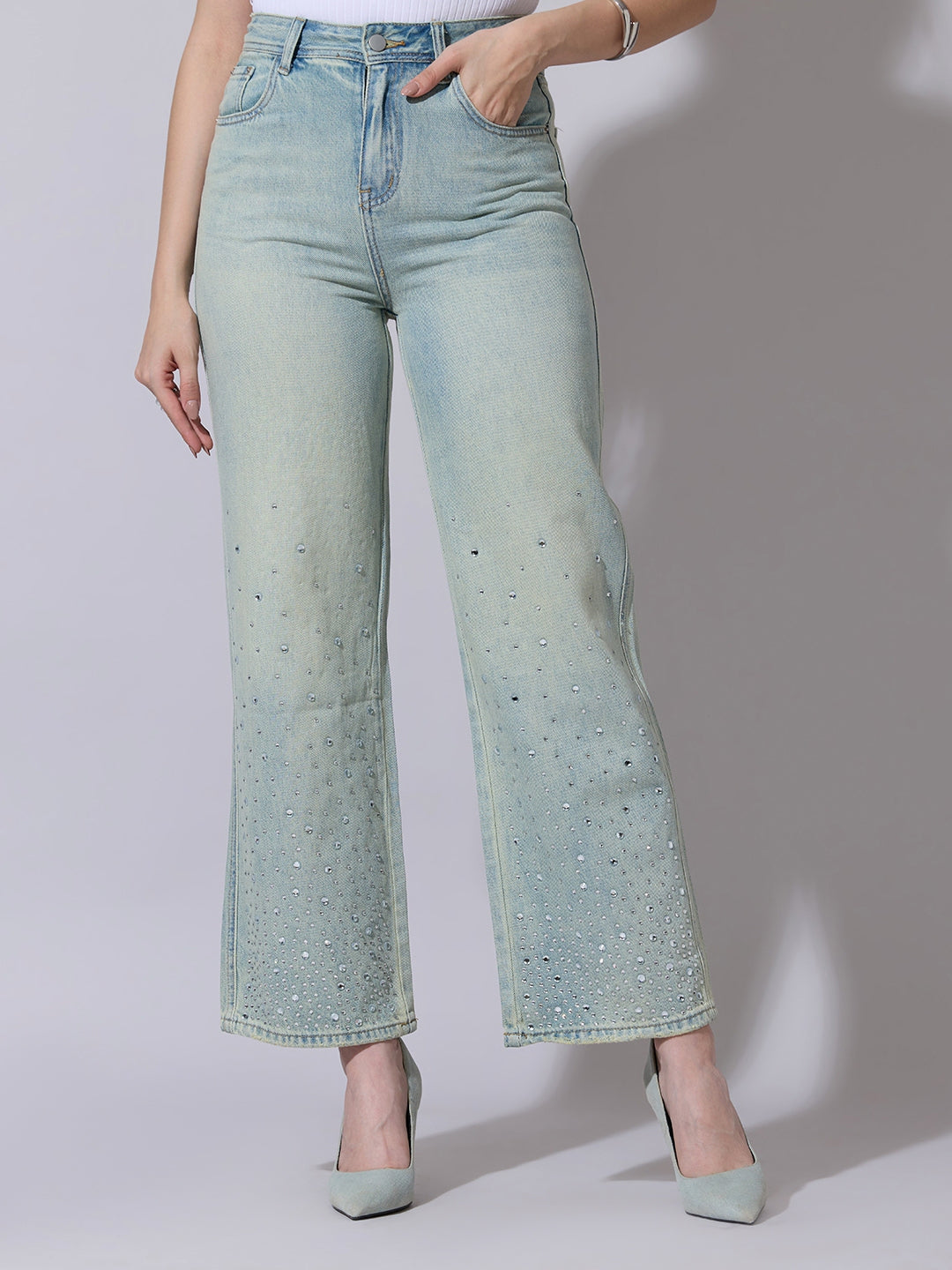 Women's Embellished Blue High Waist Jeans
