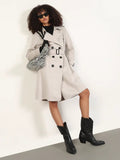 Women's Solid Grey Lapel Collar Longline Trench Coat with Fabric Belt