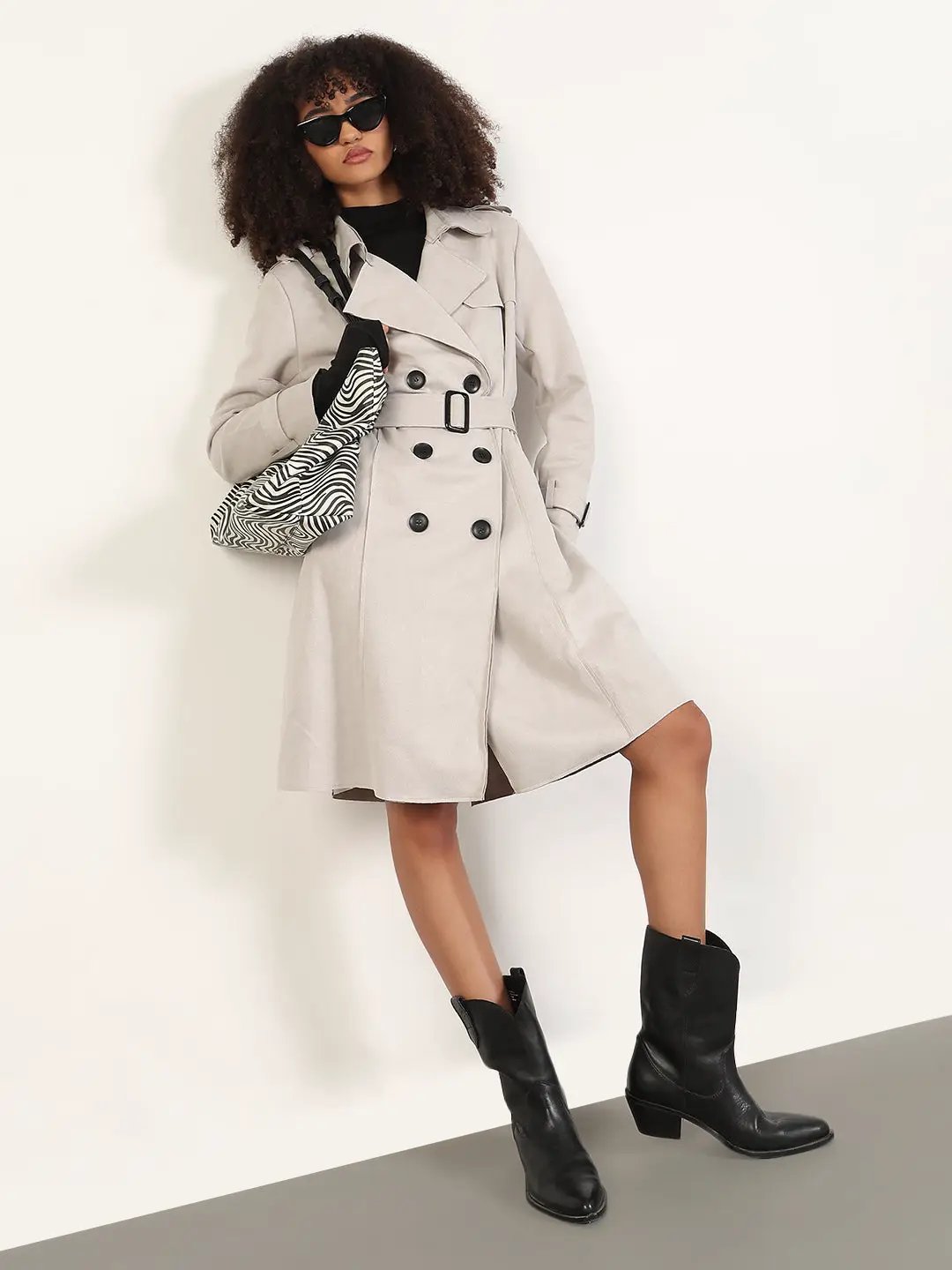 Women's Solid Grey Lapel Collar Longline Trench Coat with Fabric Belt