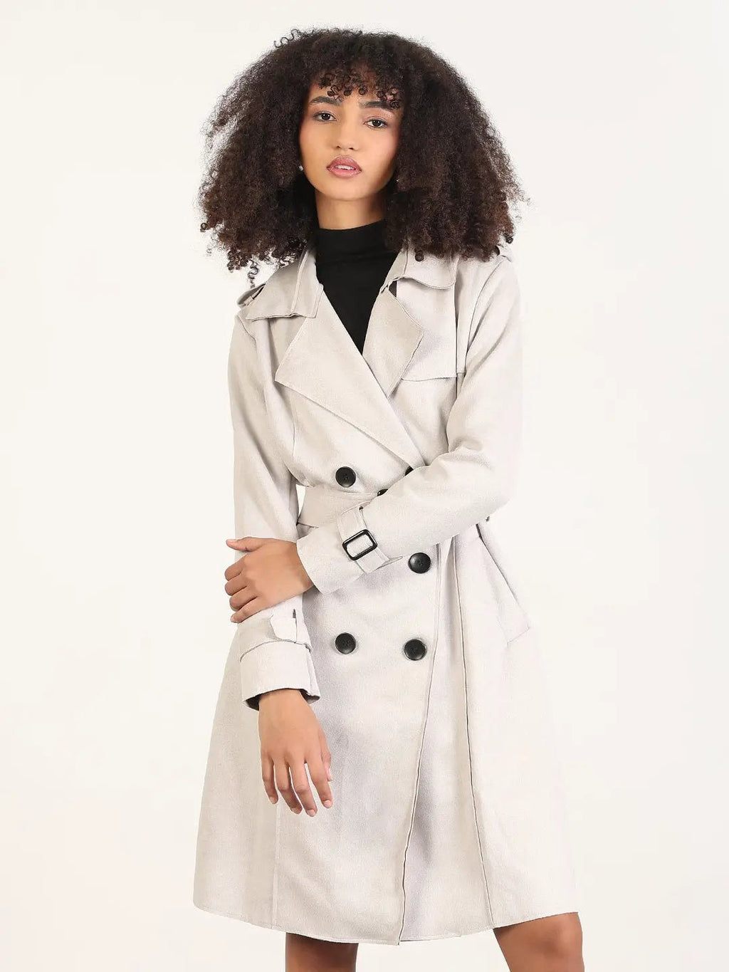 Women's Solid Grey Lapel Collar Longline Trench Coat with Fabric Belt