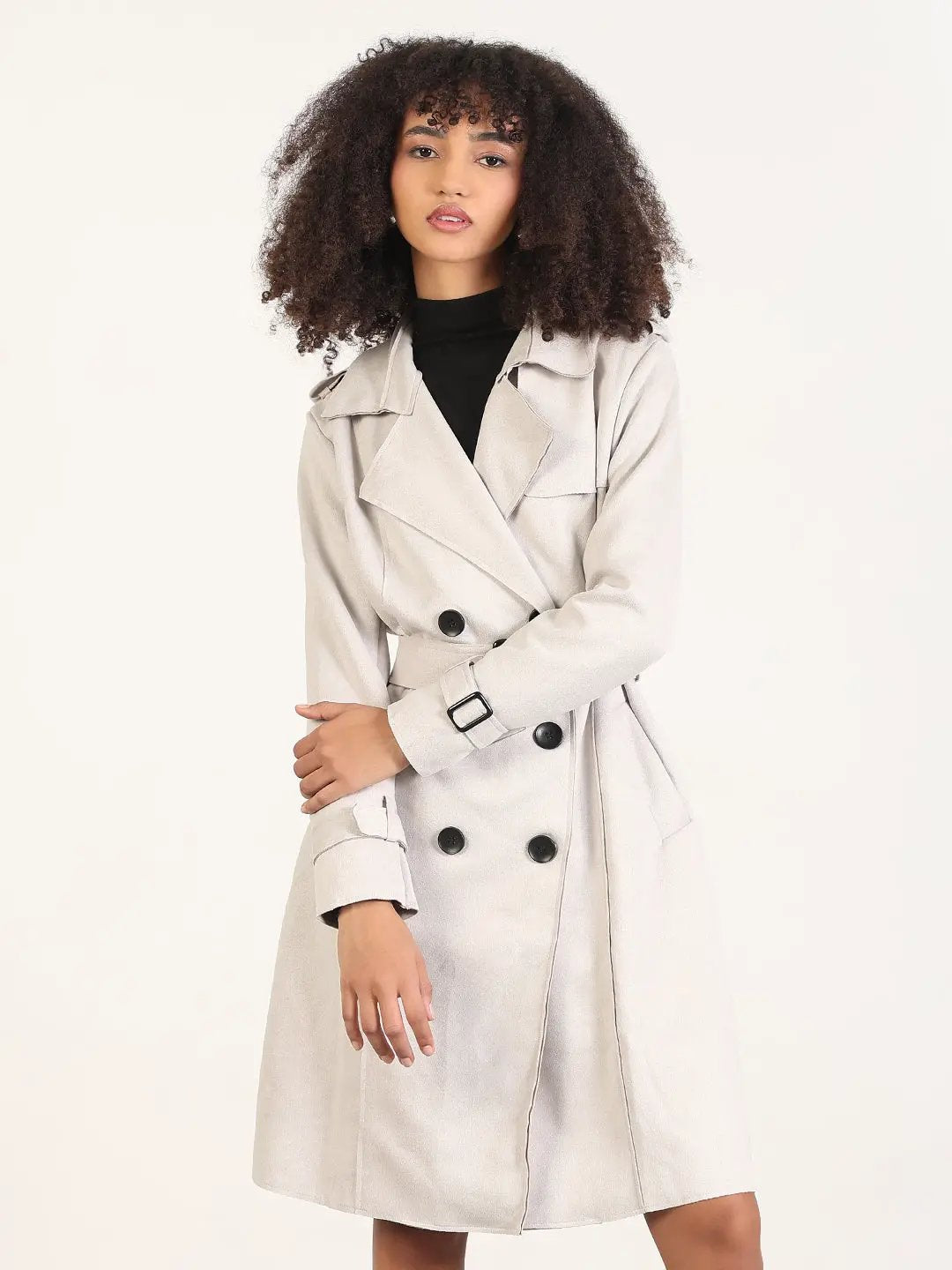 Women's Solid Grey Lapel Collar Longline Trench Coat with Fabric Belt