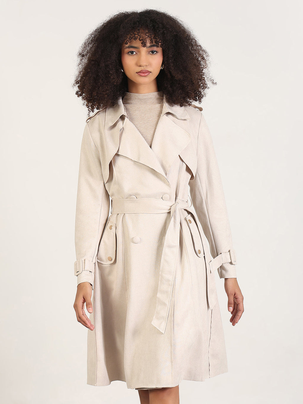 Women's Solid Beige Lapel Collar Longline Trench Coat with Fabric Belt and WristBelt