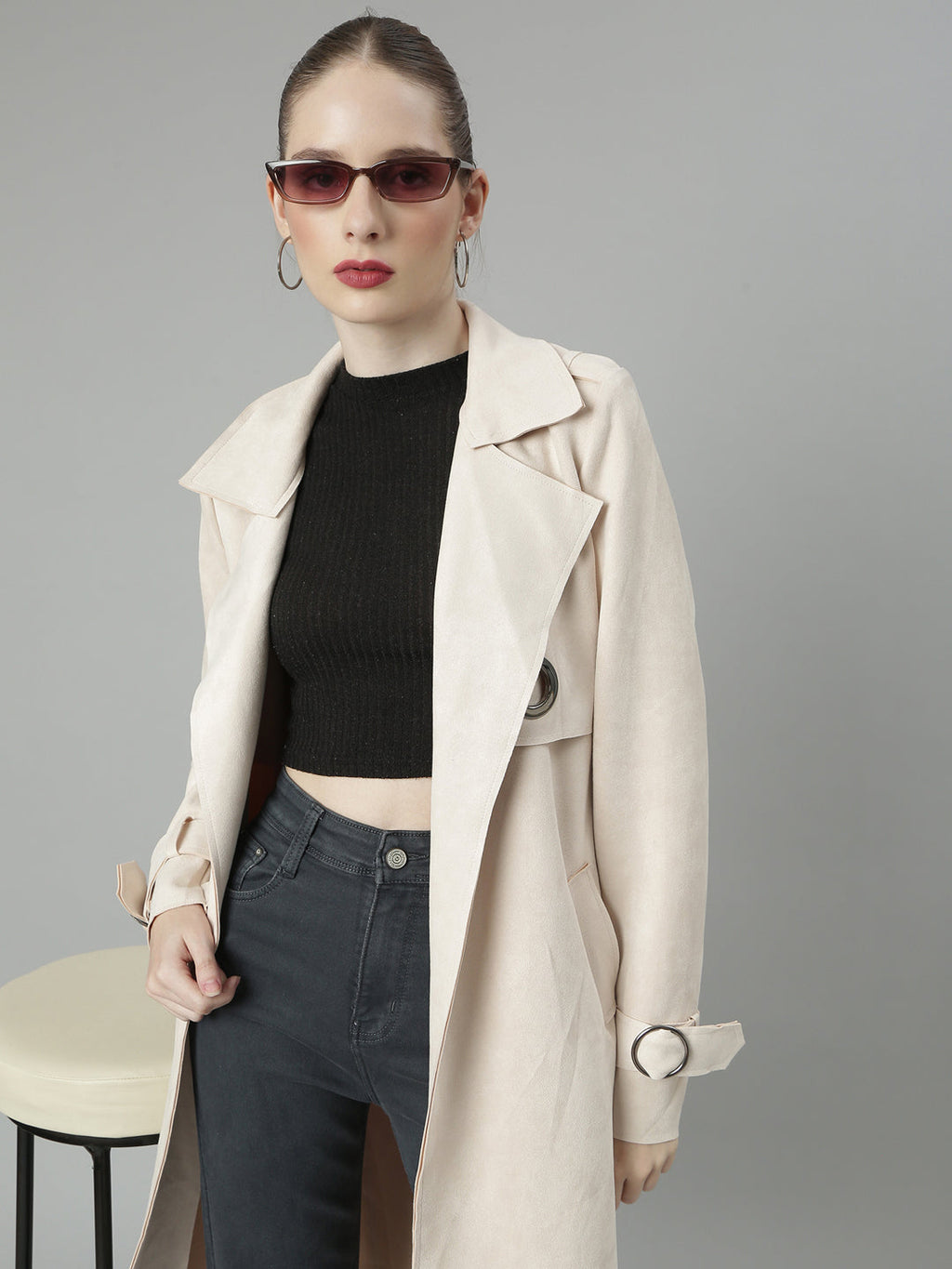 Women's Cream Lapel Collar Longline Open Front Jacket