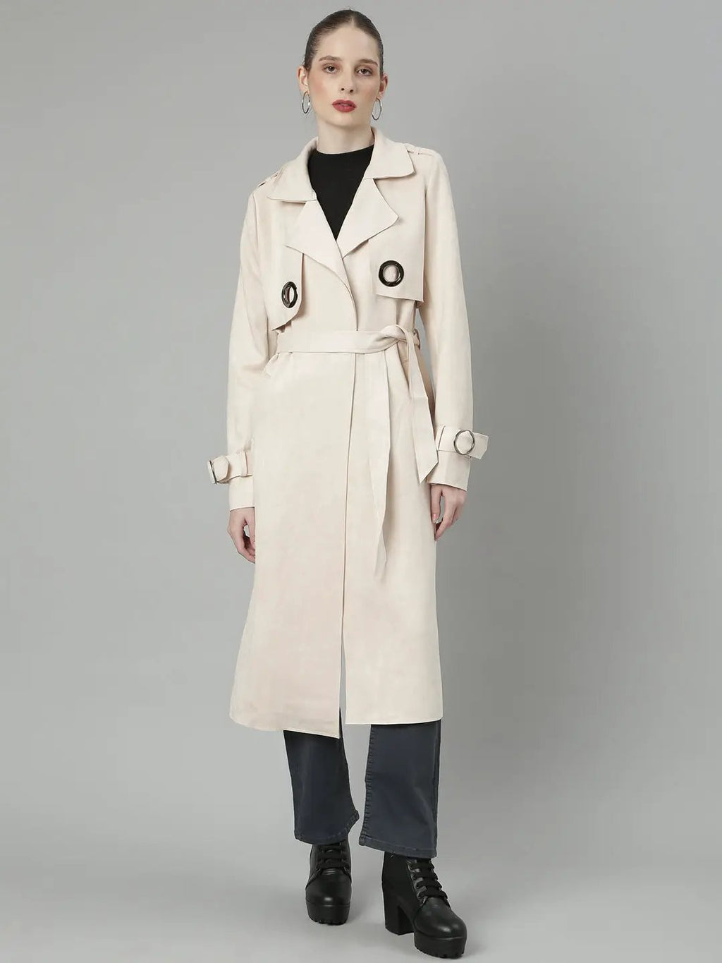 Women's Cream Lapel Collar Longline Open Front Jacket