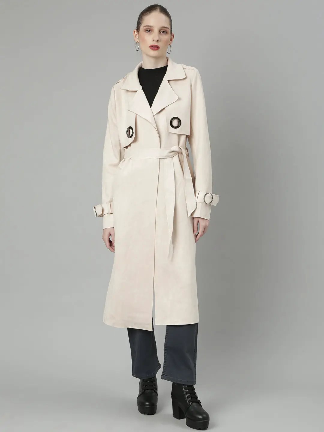 Women's Cream Lapel Collar Longline Open Front Jacket