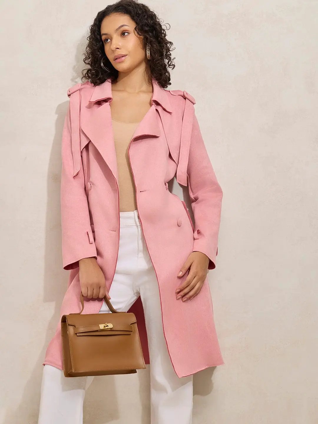 Women's Pink Trench Coat with Shoulder Flaps and Belt