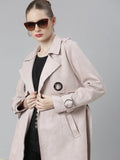 Women's Rose Notched Lapel Collar Suede Longline Trench Coat