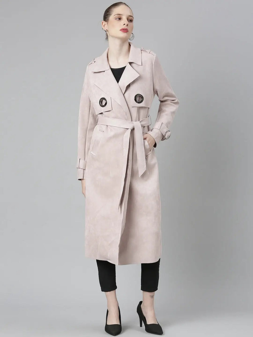 Women's Rose Notched Lapel Collar Suede Longline Trench Coat